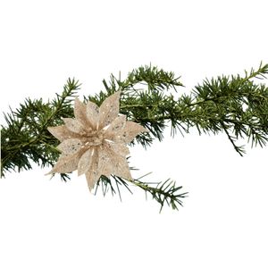 Kerstboomversiering bloem op clip - champagne - 18 cm - glitters