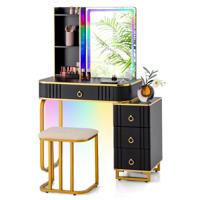 Kaptafel met Spiegel en Kruk Make-up Kaptafel met 7 Dynamische en 7 Statische Dimbare Ledlampen Zwart