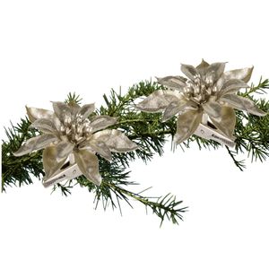 2x stuks kerstboom decoratie bloemen champagne glitter op clip 9 cm