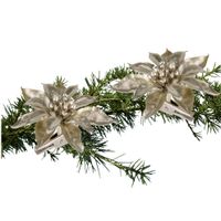 2x stuks kerstboom decoratie bloemen champagne glitter op clip 9 cm - thumbnail