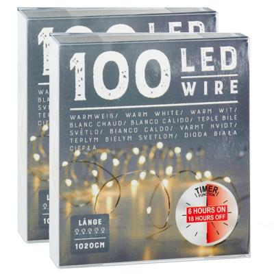 Draadverlichting lichtsnoer - 2x - 100 cm - 100 leds - warm wit - batterij - timer - kerstverlichtin