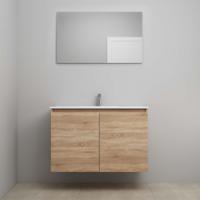 On-Line Badkamermeubelset - 100 cm - Voorgemonteerd - Greeploos 2 Deuren - Porseleinen Wastafel - 1 Kraangat - Spiegel - Eiken