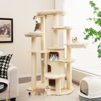 Multi-Level Houten Krabpaal met 3 Niveaus/2 Zitstokken/Krabpaal/Platform/Springbal/Ophangkoord/Meubilair voor Binnenkatten Beige