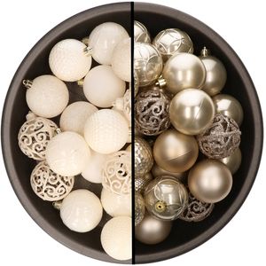 Kerstballen - 74x stuks - wol wit en champagne - 6 cm - kunststof - Kerstbal