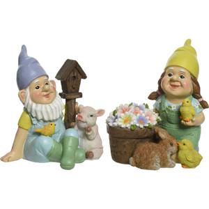 Tuinkabouter set 2x - met dieren - kunststeen - H16 cm