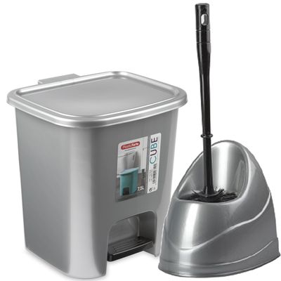 WC-/toiletborstel en houder - zilver - met kleine pedaalemmer 7.5 liter