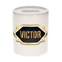 Spaarpot met voornaam Victor - wit - goud/zwart embleem - 8 x 9 cm - keramiek - afsluitdop