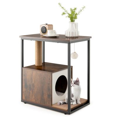 66cm Bijzettafel Kattenhuis met Krabpaal Verwijderbare Krabmat Hangend Kogelspeeltje voor Woonkamer Slaapkamer Rustiek Bruin