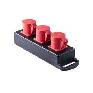 CEE 16A 5-polig multiverdeelblok 3 wcd 5 x 2.5mm² aansluiting 400V zwart IP44 M25 wartel met handvat