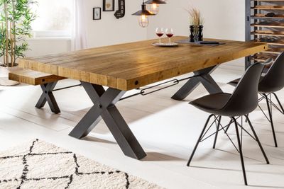 Massief houten eettafel THOR 200cm vintage bruin grenen gerecycled industrieel design ijzeren X-frame - 43676