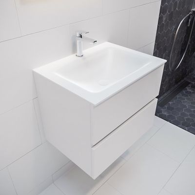 Mondiaz Vica Cloud badmeubel Talc 60 cm 2 lades solid surface enkele spoelbak midden 1 kraangat