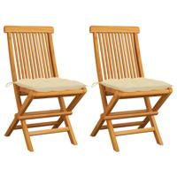 Tuinstoelen 2 st met crèmewitte kussens massief teakhout