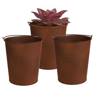 Plantenpot/bloempot emmer voor buiten - 3x - zink - roestbruin - D20 x H22cm