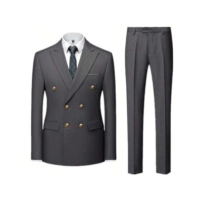 Men's Double Breasted Slim Fit 2-Piece Business Suit - Navy Blue Dark Grey / L