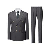 Men's Double Breasted Slim Fit 2-Piece Business Suit - Navy Blue Dark Grey / L