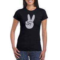Zwart Flower Power t-shirt zilveren glitter peace hand dames - thumbnail