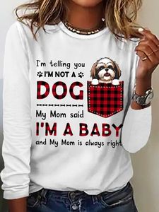 Women's Funny Word I'm A Baby Best Dog Mom Plaid Simple Cotton-Blend Animal Crew Neck Long Sleeve Top