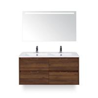 Porto Badmeubelset 120 cm - 4 laden Walnoot - Keramische Wastafel Wit Slim - met Sence Spiegel