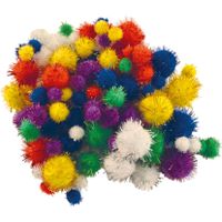 Pompons glitter - 100x - gekleurd - 10-25 mm - hobby/knutsel materialen