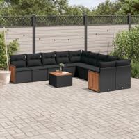 11-delige Loungeset met kussens poly rattan zwart