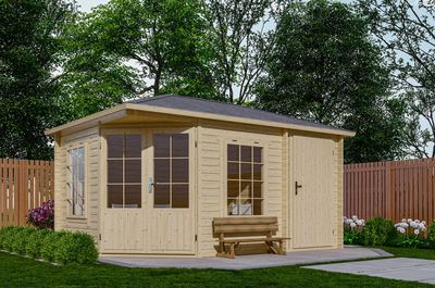 Interflex 4355 Blokhut 300x440 cm 28 mm vuren blank- Puntdak- Onbehandeld vurenhout- Interflex