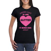 Bellatio Decorations Gay Pride T-shirt voor dames - being gay is like glitter - zwart/roze - LHBTI 2XL  -