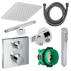 Hansgrohe Ecostat Regendoucheset Inbouw Plafonduitloop met Handdouche en Hoofddouche 30cm Thermostaat Vierkant Chroom