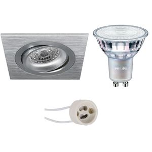 LED Spot Set - Pragmi Borny Pro - GU10 Fitting - Inbouw Vierkant - Mat Zilver - Kantelbaar - 92mm - Philips - MASTER 927 36D VLE - 4.9W - Warm Wit 2200K-2700K - DimTone Dimbaar