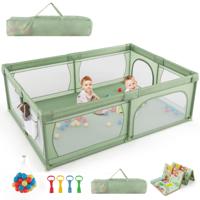 Babybox met 50 Ballen en 2 Deuren Box met Ademend Net en Ritssluiting Box voor Zuigelingen en Peuters 206 x 147 cm (Groen met Matras)