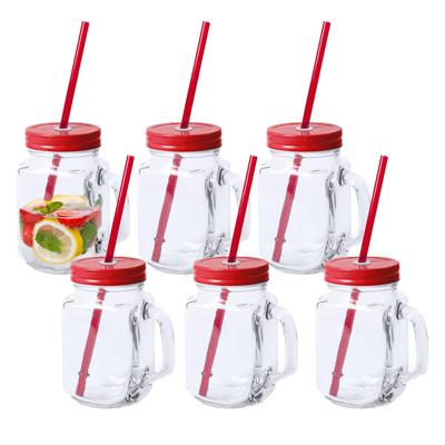 Mason Jar drinkbekers - 6x - glas - dop rood met rietje - 500 ml - afsluitbaar - fruit shakes