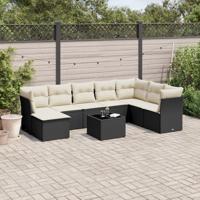 9-delige Loungeset met kussens poly rattan zwart