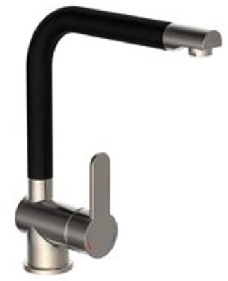 RIO ééngreepsmengkraan keuken met hoge uitloop, RVS look /mat zwart elegante kraan met hoge uitloop en draaibereik 360° cold-start functie - koud water bij greep in de middelste stand keramische