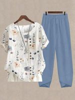 Country Floral Casual Cotton Top & Cotton Pants Two-Piece Set - thumbnail