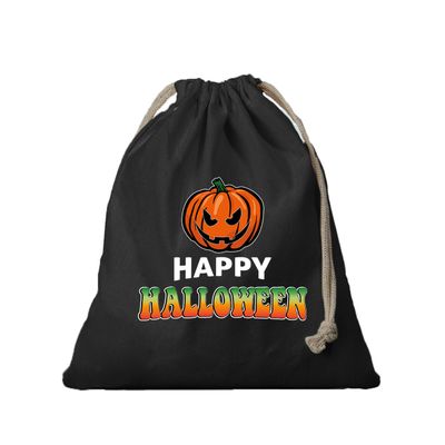 1x Pompoen / happy halloween canvas snoep tasje/ snoepzakje zwart met koord 25 x 30 cm