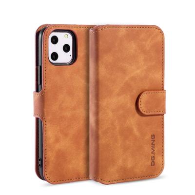 Dg. MING retro olie kant horizontale flip case met houder & kaartsleuven & portemonnee voor iPhone 11 Pro Max (bruin)