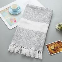 Gestreepte katoenen badhanddoek met kwastjes dun reizen camping Bad sauna strand Gym zwembad deken absorberend Easy Care (grijs)
