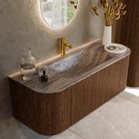 Badmeubel Mondiaz Kurve-Dlux | 120 cm | Meubelkleur Walnut | Wastafelkleur Oza | Solid surface | Wasbak midden spoelbak | 1 kraangat