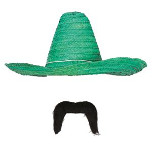 Carnaval verkleed set - Mexicaanse sombrero hoed met plaksnor - groen - heren