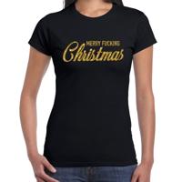 Foute kersttrui t-shirt - voor dames - zwart met gouden glitters - Merry Fucking Christmas