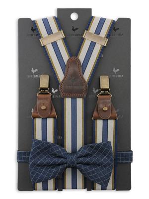 Bretels En Vlinderdas Combipack | Blauw / Geel / Lichtgrijs | Traditionele Bretels Voor Heren | Peaky Blinders