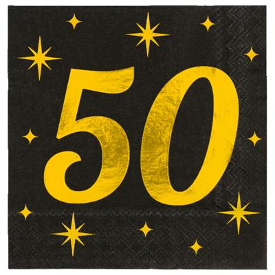 Verjaardag?of Abraham/Sarah-feest servetten - leeftijd 50 jaar - 16x stuks - zwart/goud - 33 x 33 cm