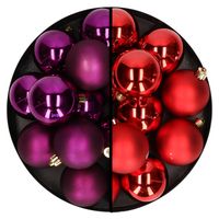 Kerstballen 24x stuks - mix kerst rood en paars - 6 cm - kunststof - Kerstbal
