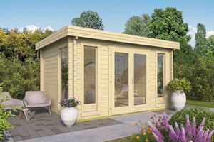 Tuindeco Victoria Blokhut 410x300 cm 58 mm vuren blank- Plat dak- Onbehandeld vurenhout- Tuindeco