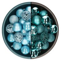 Kerstballen - 74x st - turquoise blauw en ijsblauw - 6 cm - kunststof - thumbnail