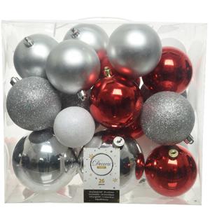 Kerstballen - 26x st - zilver, rood en wit - 6-8-10 cm - kunststof - kerstversiering