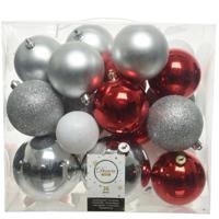 Kerstballen - 26x st - zilver, rood en wit - 6-8-10 cm - kunststof - kerstversiering - thumbnail