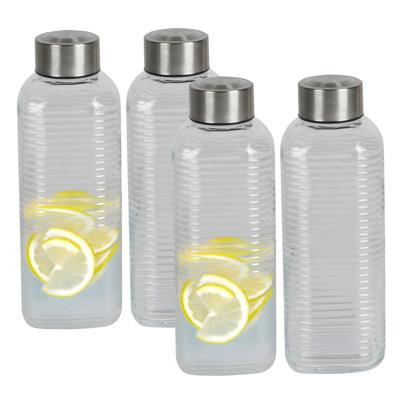 Urban Living Waterfles/drinkfles Vertigo - 4x - glas - transparant - met RVS dop - 750 ml