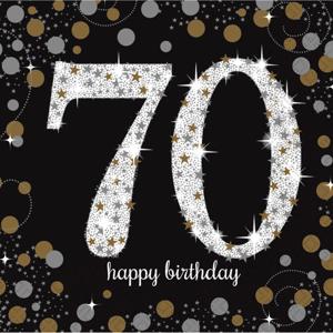 Feest servetten 70e verjaardag - 16x st - zwart - 33 x 33 cm - confetti print - 70 jaar