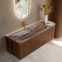 Badmeubel Mondiaz Kurve-Dlux | 135 cm | Meubelkleur Walnut | Wastafelkleur Sombra | Solid surface | Wasbak linker zijde spoelbak | 1 kraangat