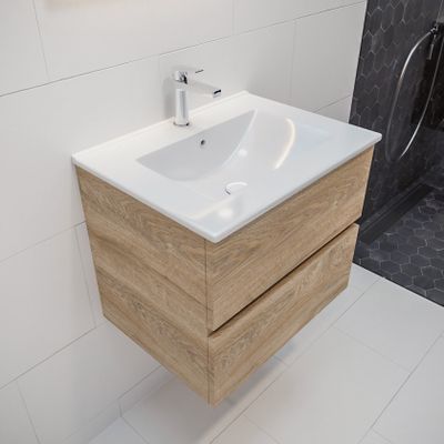 Mondiaz Vica Denia badmeubel eiken licht 60 cm 2 lades keramiek enkele spoelbak midden 1 kraangat